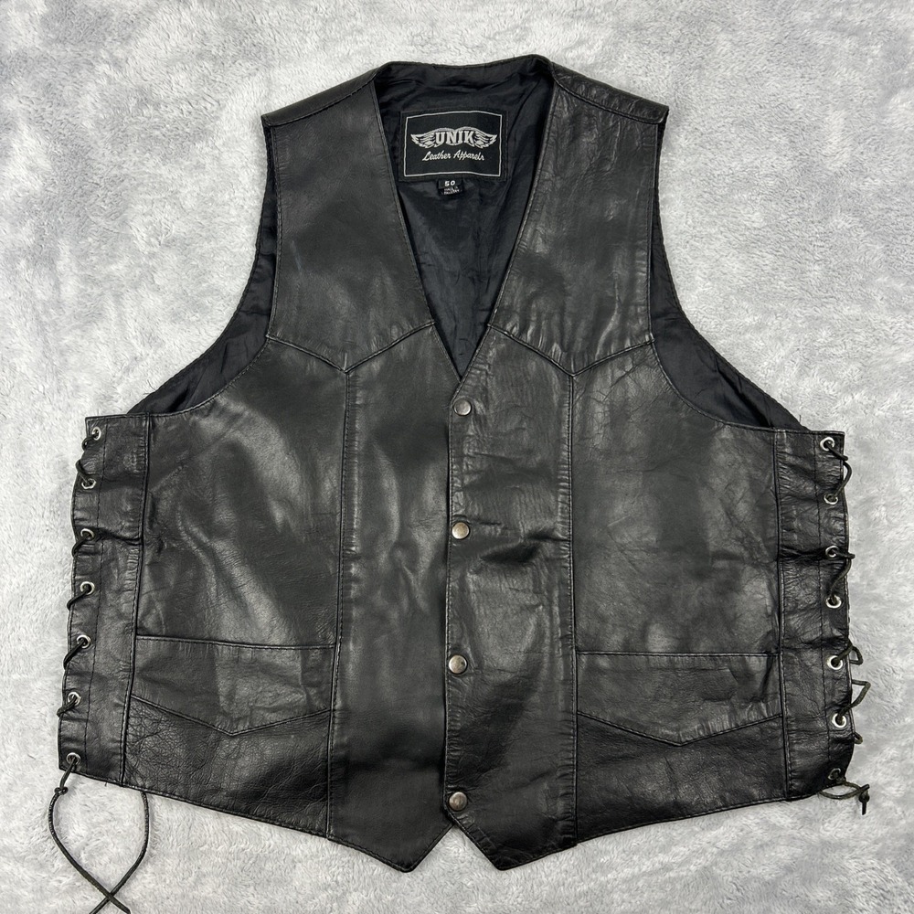 Vtg Unik Leather Motorcycle Vest Mens Sz 50 Black Lace Up Sides Biker‎